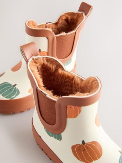 Neutral Pumpkin Halloween Warm Lined Ankle Wellies