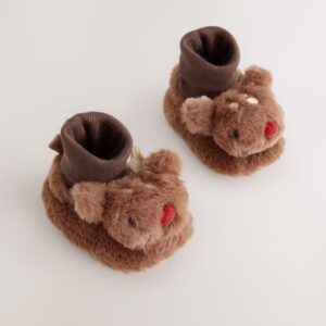 Tan Brown Christmas Reindeer Baby Socks Top Boots