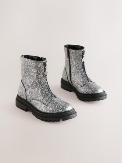 Silver Metallic Stars Standard Fit (F) Zip Front Ankle Boots