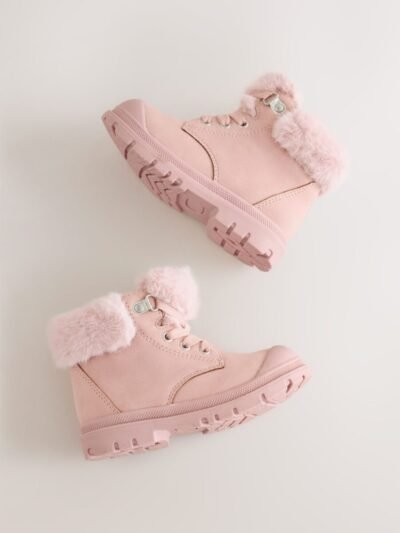 Pink Lace Up Faux Fur Lined Boots