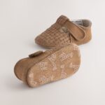 Tan Woven Suede Leather Baby T-Bar Shoes