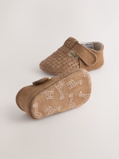 Tan Woven Suede Leather Baby T-Bar Shoes