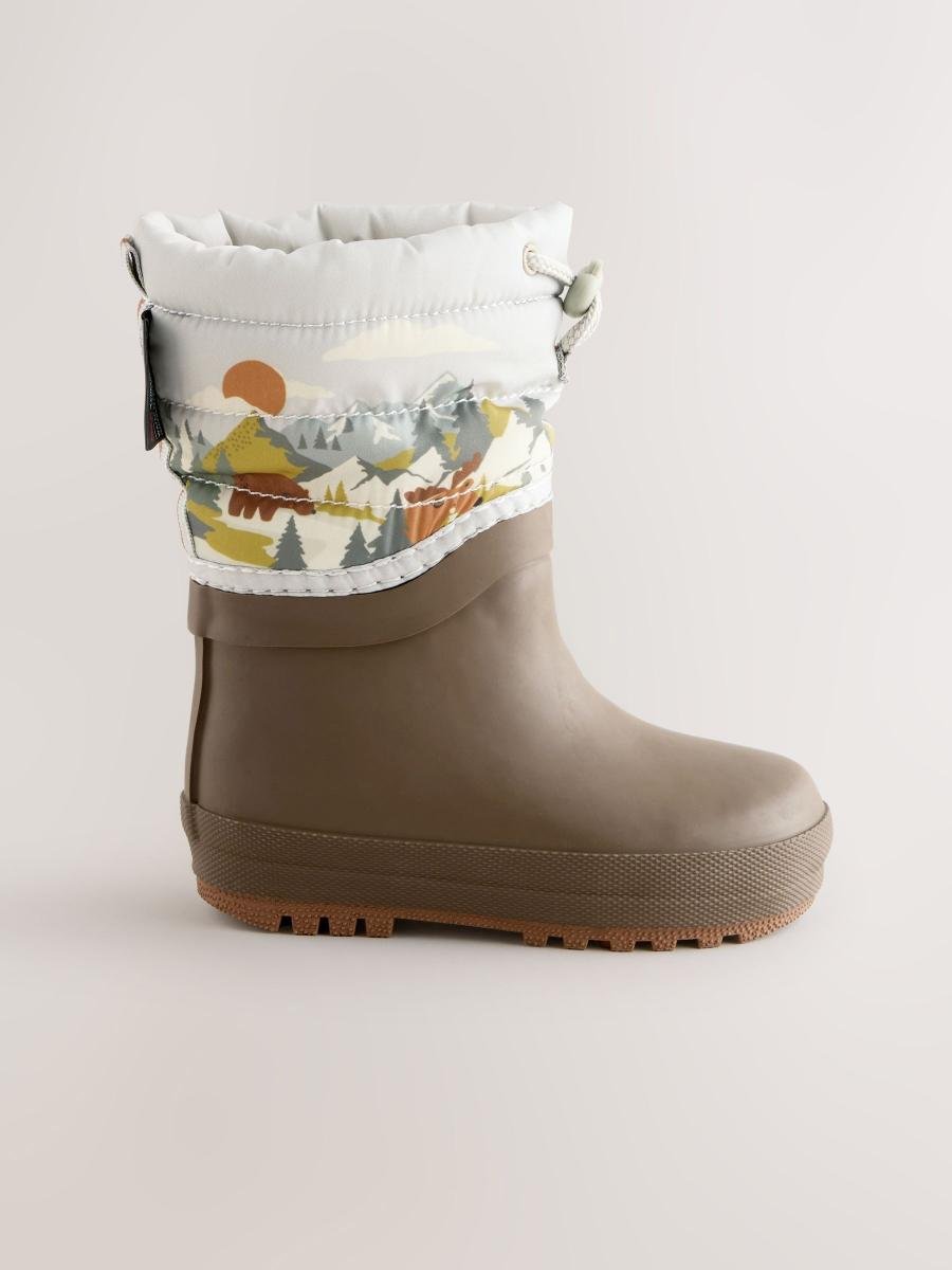 Neutral Brown Bear Scene Quilted Cuff Wellies