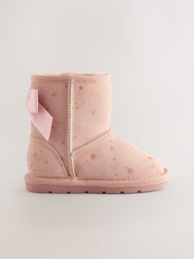 Pink Bow Water Repellent Tall Suede Pull On Boots
