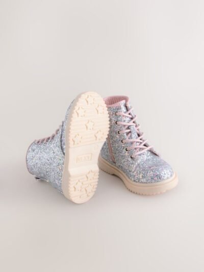 Silver Glitter Standard Fit (F) Lace-Up Ankle Boots