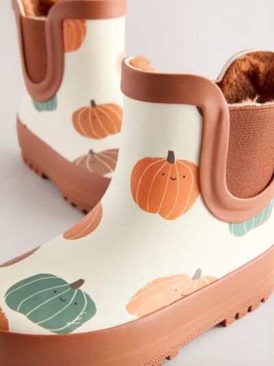 Neutral Pumpkin Halloween Warm Lined Ankle Wellies