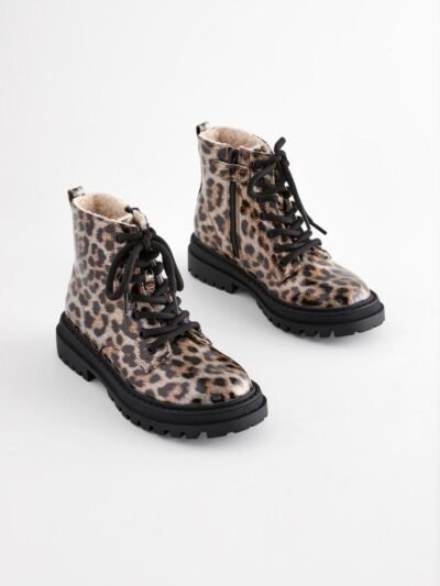 Brown Animal Print Wide Fit (G) Warm Lined Lace-Up Ankle Boots