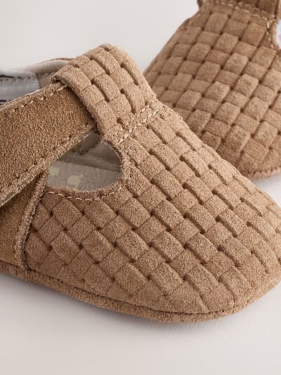 Tan Woven Suede Leather Baby T-Bar Shoes