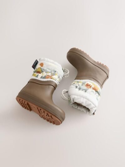 Neutral Brown Bear Scene Quilted Cuff Wellies
