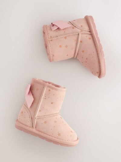Pink Bow Water Repellent Tall Suede Pull On Boots