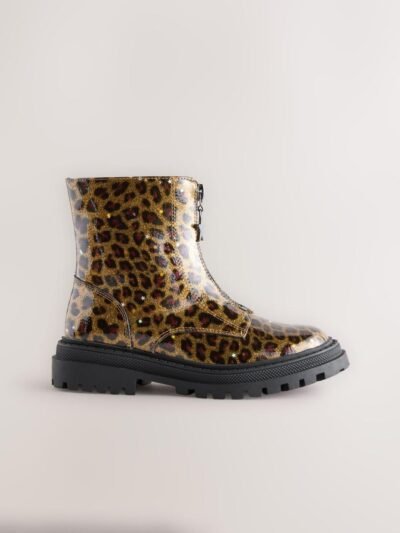 Leopard Print Standard Fit (F) Zip Front Ankle Boots