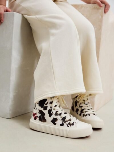 White/Brown Cow Printed Standard Fit (F) Lace-Up High Top Trainers