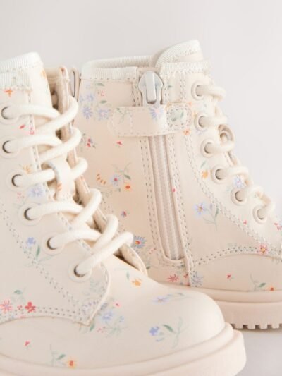 Cream Floral Standard Fit (F) Lace-Up Ankle Boots