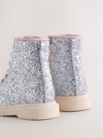 Silver Glitter Standard Fit (F) Lace-Up Ankle Boots