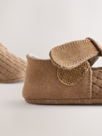 Tan Woven Suede Leather Baby T-Bar Shoes