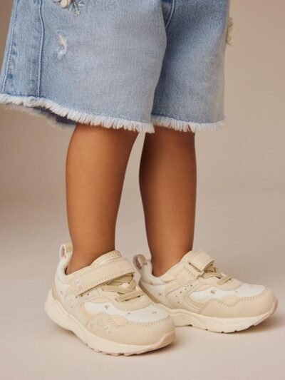 Neutral Embroidered Floral Standard Fit (F) Elastic Lace Touch Fasten Trainers