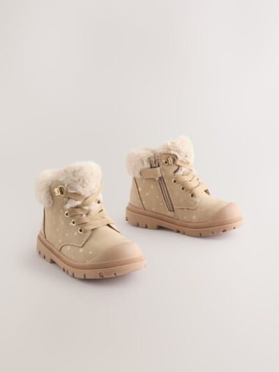 Neutral Star Lace Up Faux Fur Lined Boots
