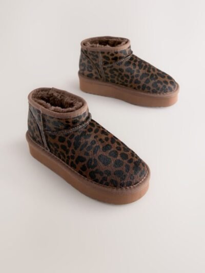 Chocolate Brown Leopard Print Standard Fit (F) Flatform Mini Warm Lined Water Repellent Suede Pull-On Boots