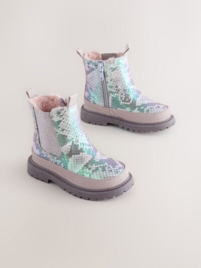 Silver Metallic Snake Chunky Chelsea Ankle Boots