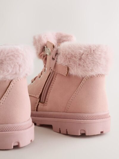 Pink Lace Up Faux Fur Lined Boots