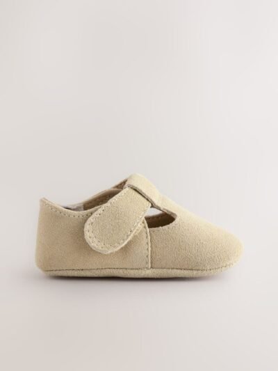Stone Suede Leather Baby T-Bar Shoes