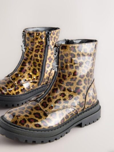 Leopard Print Standard Fit (F) Zip Front Ankle Boots