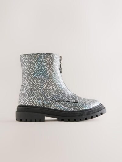 Silver Metallic Stars Standard Fit (F) Zip Front Ankle Boots