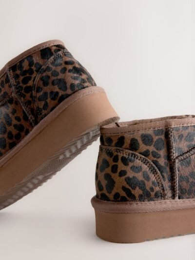 Chocolate Brown Leopard Print Standard Fit (F) Flatform Mini Warm Lined Water Repellent Suede Pull-On Boots