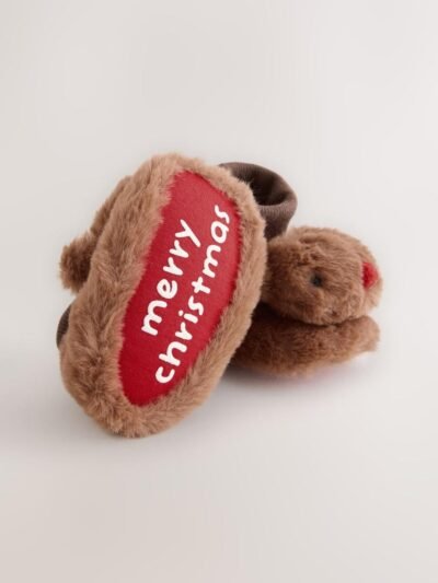Tan Brown Christmas Reindeer Baby Socks Top Boots