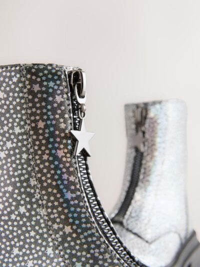 Silver Metallic Stars Standard Fit (F) Zip Front Ankle Boots