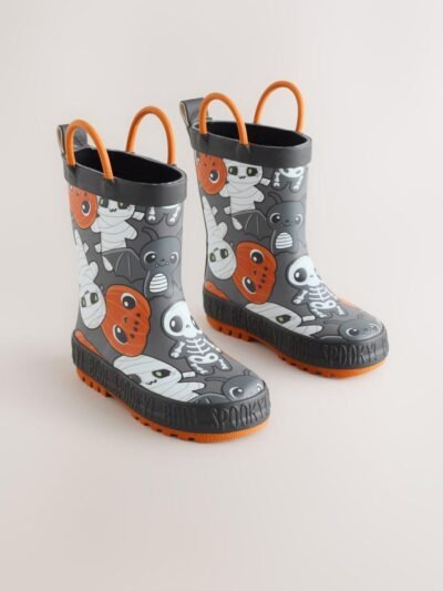 Black/Orange Halloween Handle Pull On Wellies