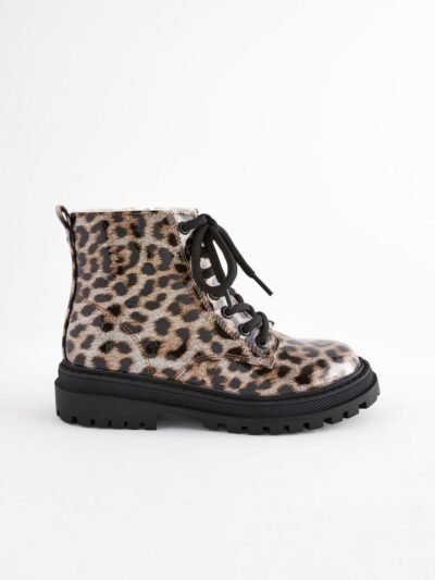 Brown Animal Print Wide Fit (G) Warm Lined Lace-Up Ankle Boots