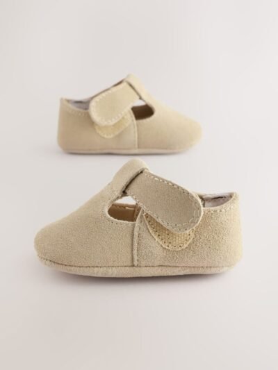 Stone Suede Leather Baby T-Bar Shoes
