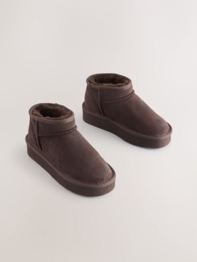 Chocolate Brown Standard Fit (F) Flatform Mini Warm Lined Water Repellent Suede Pull-On Boots