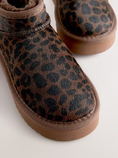 Chocolate Brown Leopard Print Standard Fit (F) Flatform Mini Warm Lined Water Repellent Suede Pull-On Boots