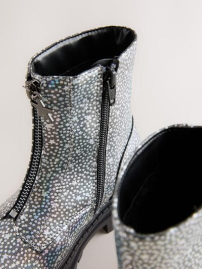 Silver Metallic Stars Standard Fit (F) Zip Front Ankle Boots