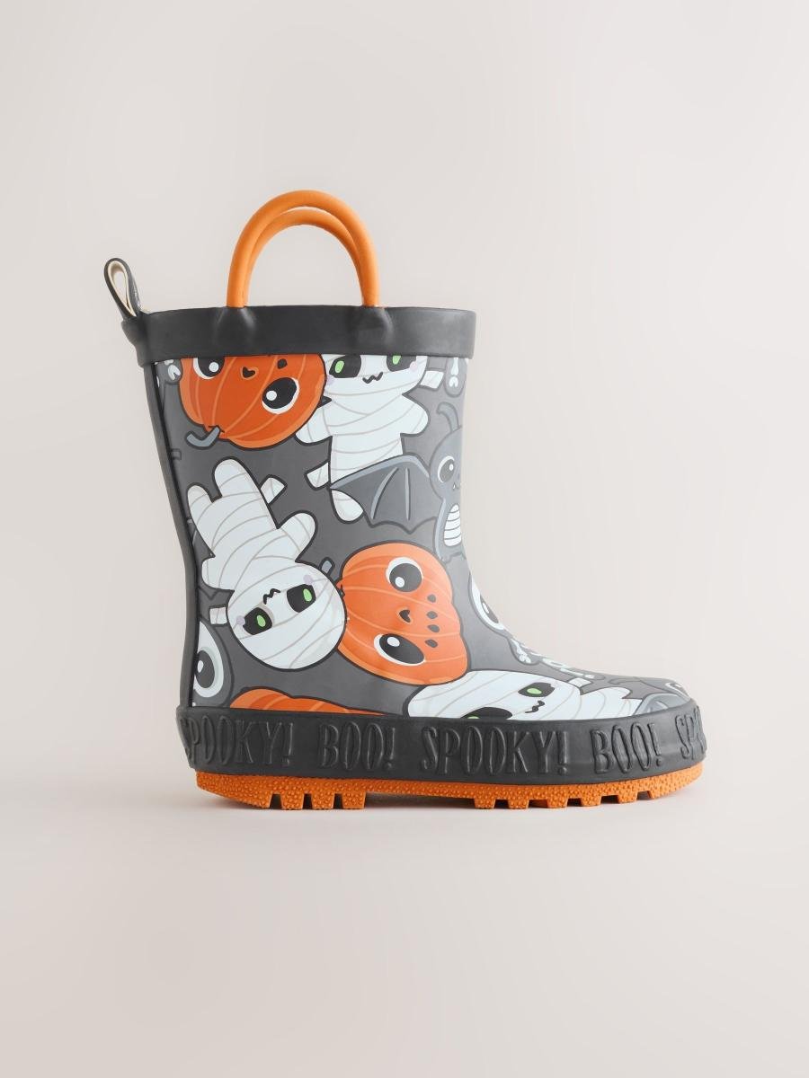 Black/Orange Halloween Handle Pull On Wellies