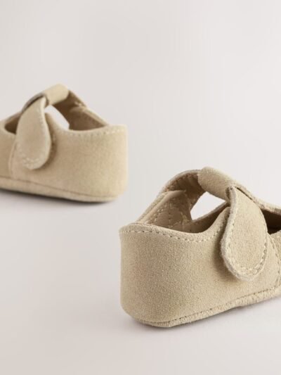 Stone Suede Leather Baby T-Bar Shoes