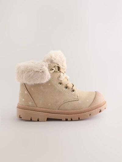 Neutral Star Lace Up Faux Fur Lined Boots