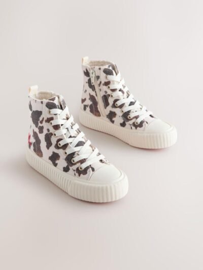 White/Brown Cow Printed Standard Fit (F) Lace-Up High Top Trainers
