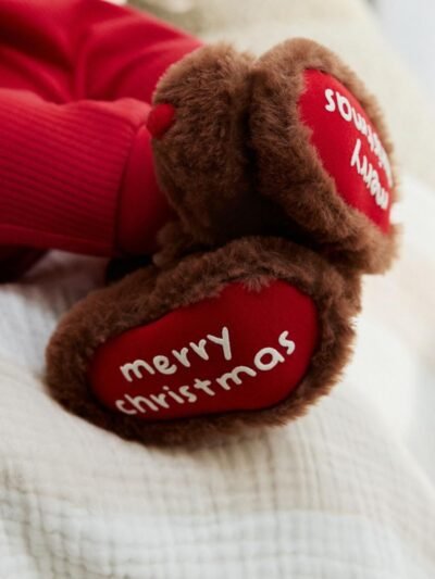 Tan Brown Christmas Reindeer Baby Socks Top Boots