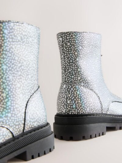 Silver Metallic Stars Standard Fit (F) Zip Front Ankle Boots