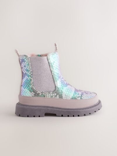 Silver Metallic Snake Chunky Chelsea Ankle Boots
