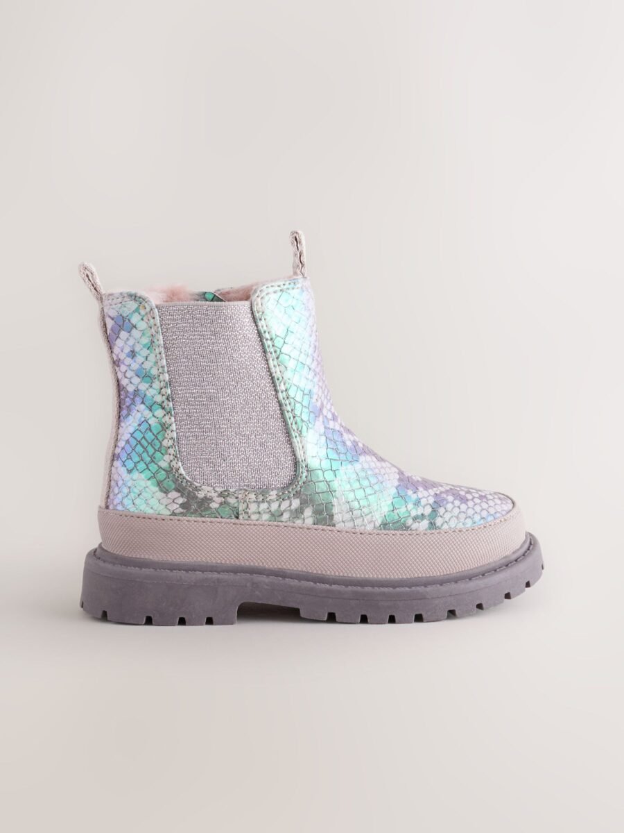 Silver Metallic Snake Chunky Chelsea Ankle Boots