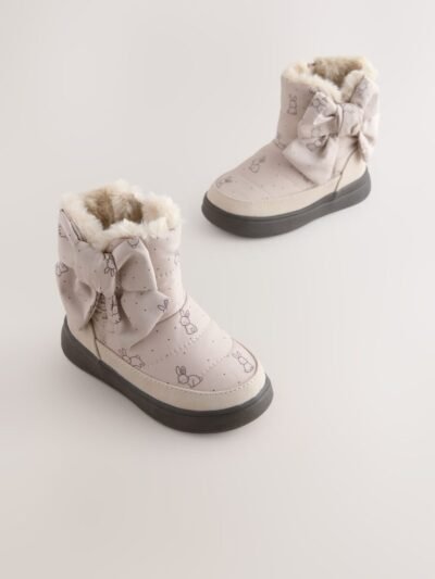 Neutral Bunny Water Repellent Quilted Bow Boots