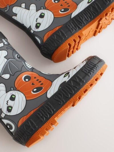 Black/Orange Halloween Handle Pull On Wellies