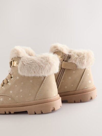 Neutral Star Lace Up Faux Fur Lined Boots