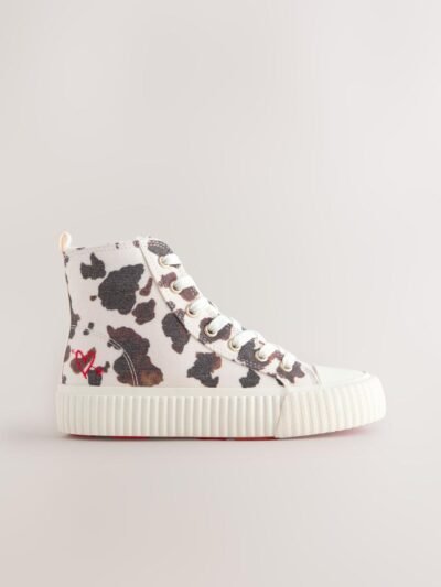 White/Brown Cow Printed Standard Fit (F) Lace-Up High Top Trainers