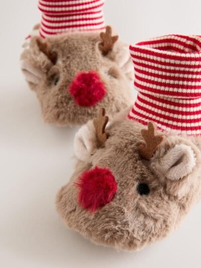 Brown Christmas Reindeer Baby Sock Top Boots