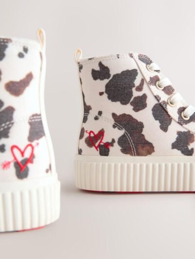 White/Brown Cow Printed Standard Fit (F) Lace-Up High Top Trainers